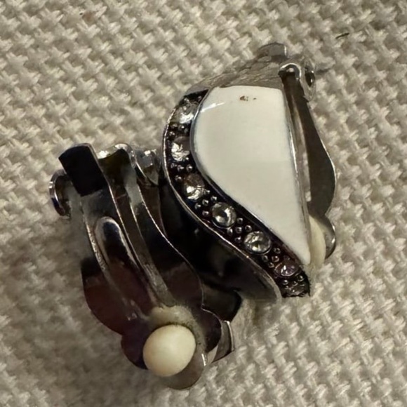 Black White and Silver Vintage Clip On Earrings with cubic zirconia. - Picture 3 of 8